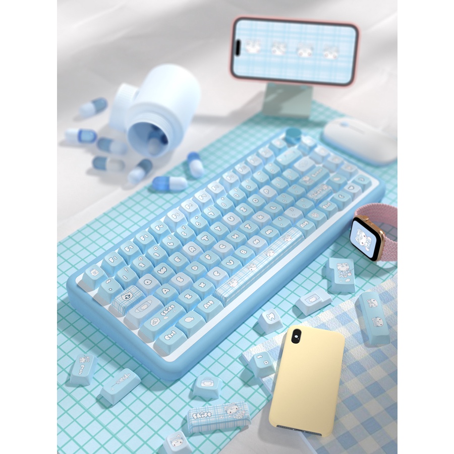 Sick Cat Blue Cute Cartoon Keycaps 138/158 Keys MDA Profile Bàn Phím Cơ 138 / 158 Phím Họa Tiết Mèo Hoạt Hình Dễ Thương