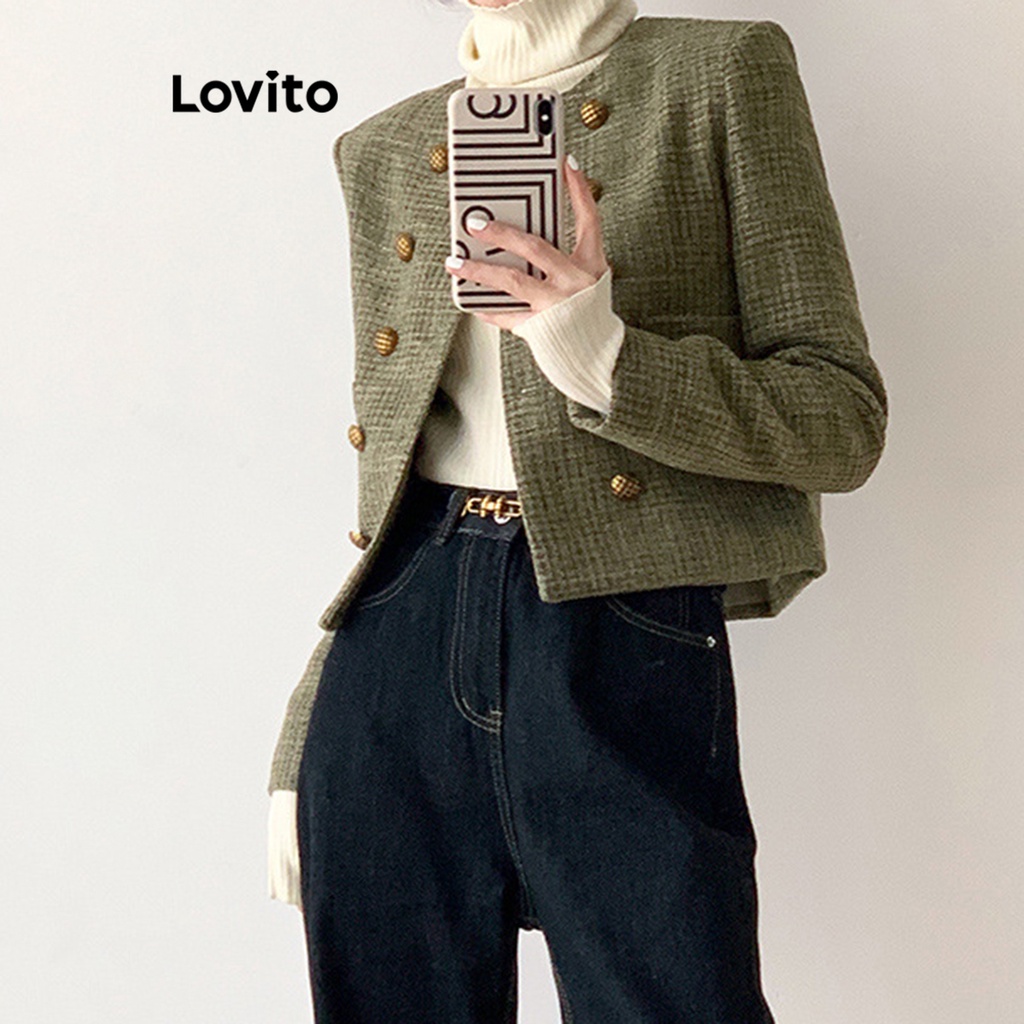 Áo blazer Lovito phối túi cài nút đôi màu trơn thường ngày cho nữ LNA16055