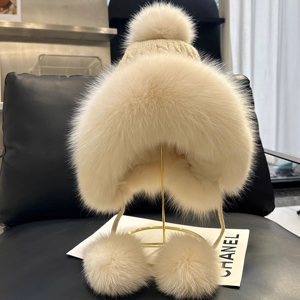 Mũ Len Lông Cáo Màu Trắng Bảo Vệ Tai Dễ Thương Thời Trang Thu Đông