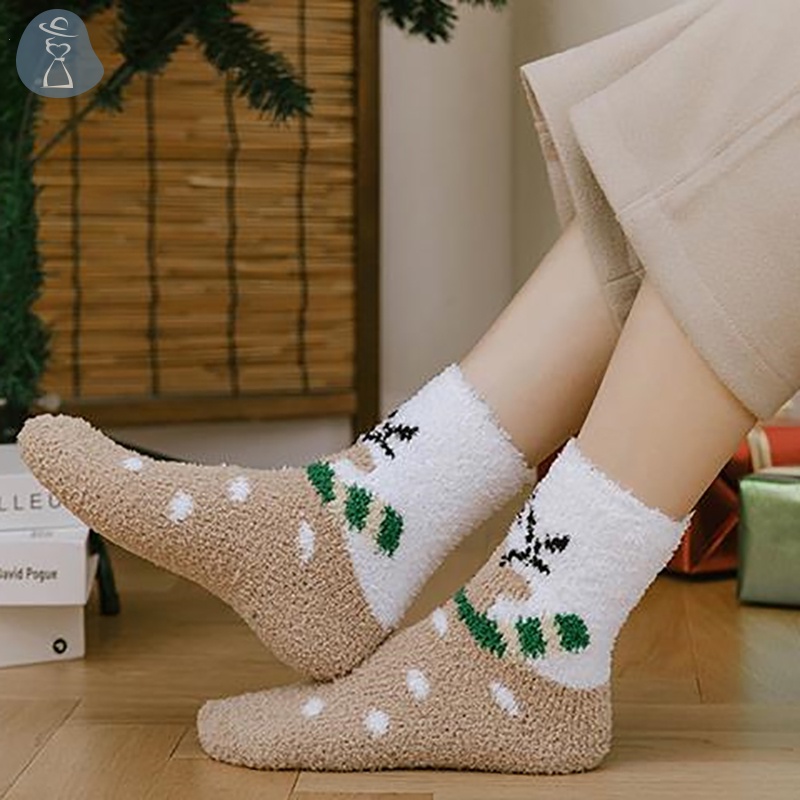 Vớ Lông Cừu San Hô Dày Dặn Ấm Áp Chống Trượt Họa Tiết Giáng Sinh Hoạt Hình Cho Nữ