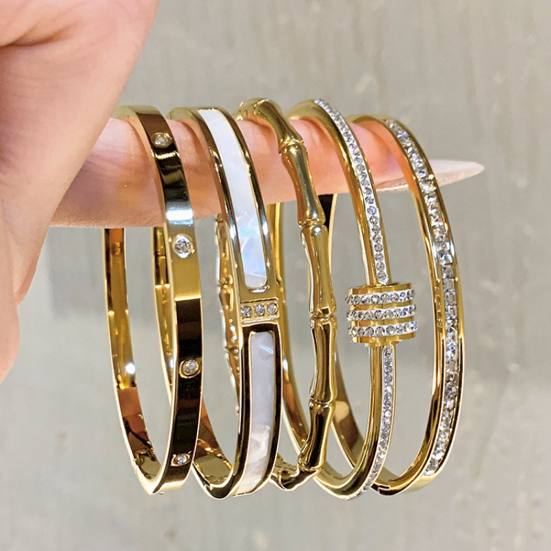 Vòng Tay Thép Titan Mạ Vàng Đính Đá zircon Đơn Giản Chất Lượng Cao Cho Cặp Đôi