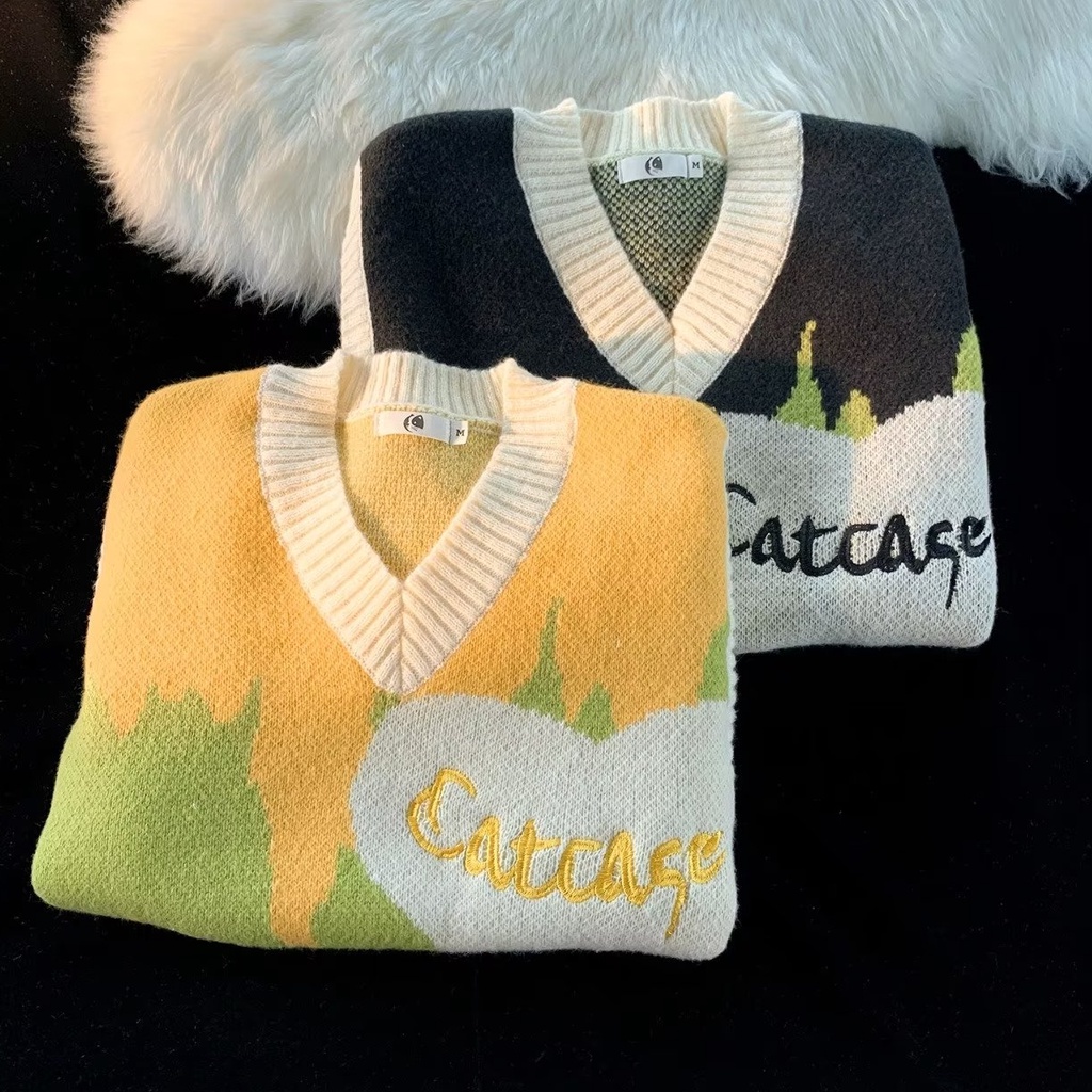 Áo sweater Dệt Kim Cổ v Thiết Kế Lệch Tà Kiểu Mỹ Cá Tính Cho Nam Và Nữ