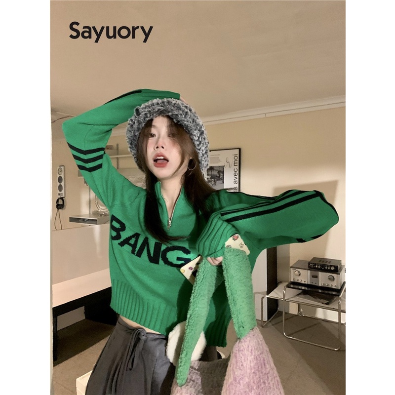 Áo sweater Dệt Kim Cổ Đứng Kẻ Sọc Màu Xanh Lá Phối Khóa Kéo Thời Trang 2023 Cho Nữ
