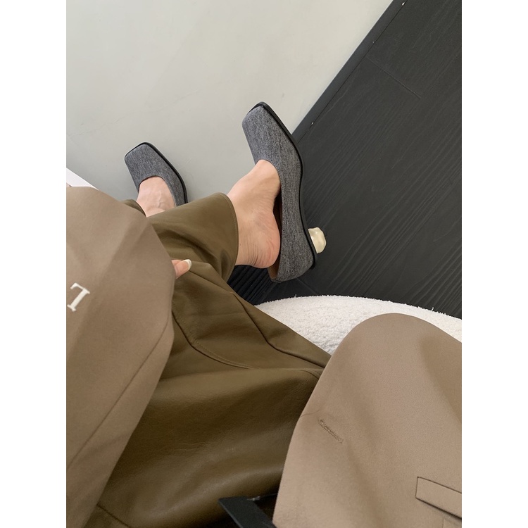 Sk2023 Giày Cao Gót Mũi Vuông Chất Liệu denim Phong Cách Hàn Quốc mary jane