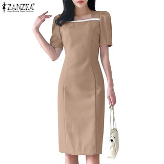 Zanzea Đầm midi Cổ Vuông Tay Ngắn Phối Khóa Kéo Sau Lưng Thời Trang Cho Nữ