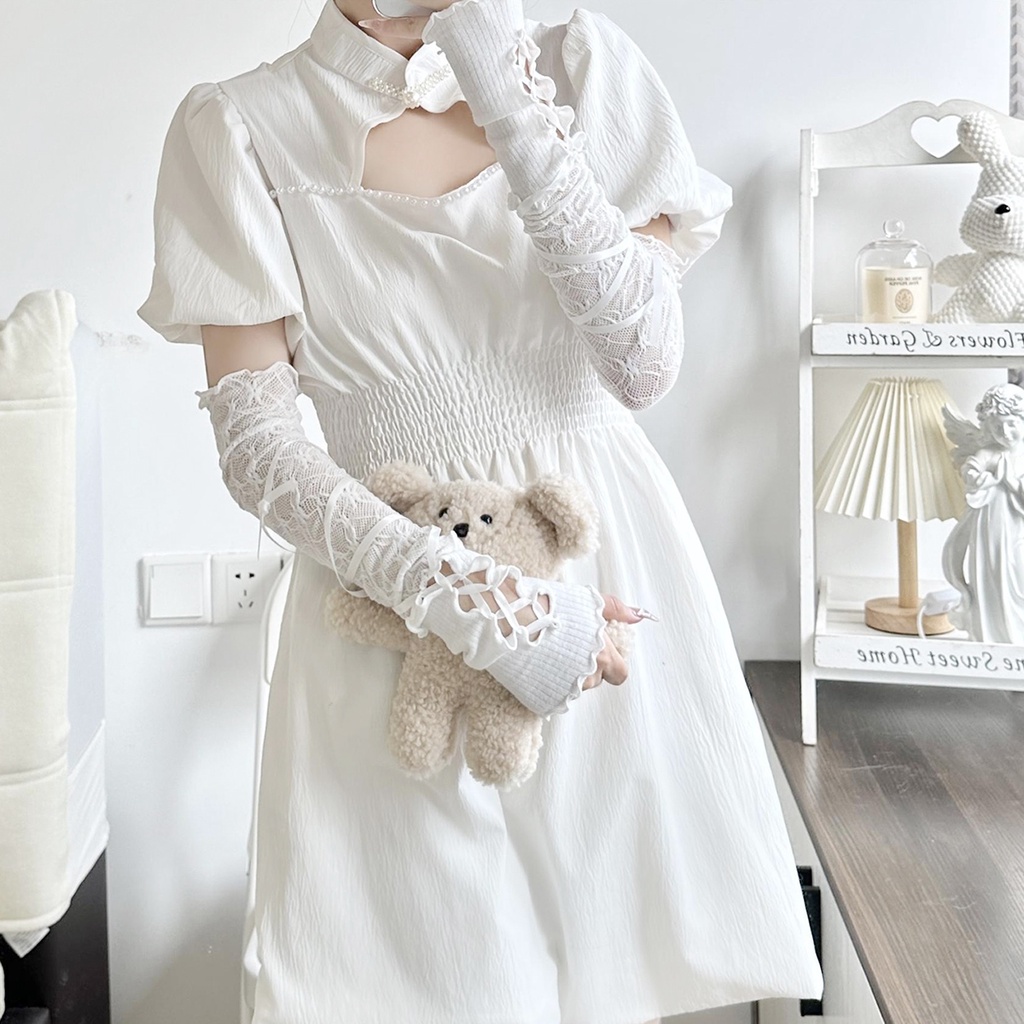 Găng Tay Lưới Hở Ngón Màu Đen Phong Cách lolita jk y2k