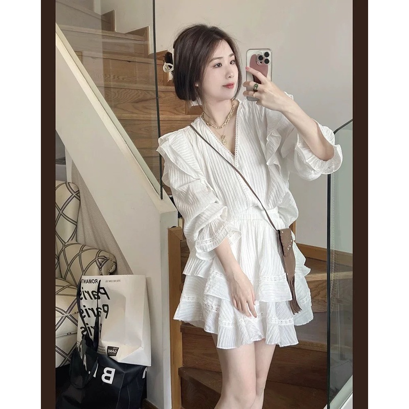 Set gân đũi bèo viền ren kèm chân váy xoè tầng có lót - Calina.vn - Set6837