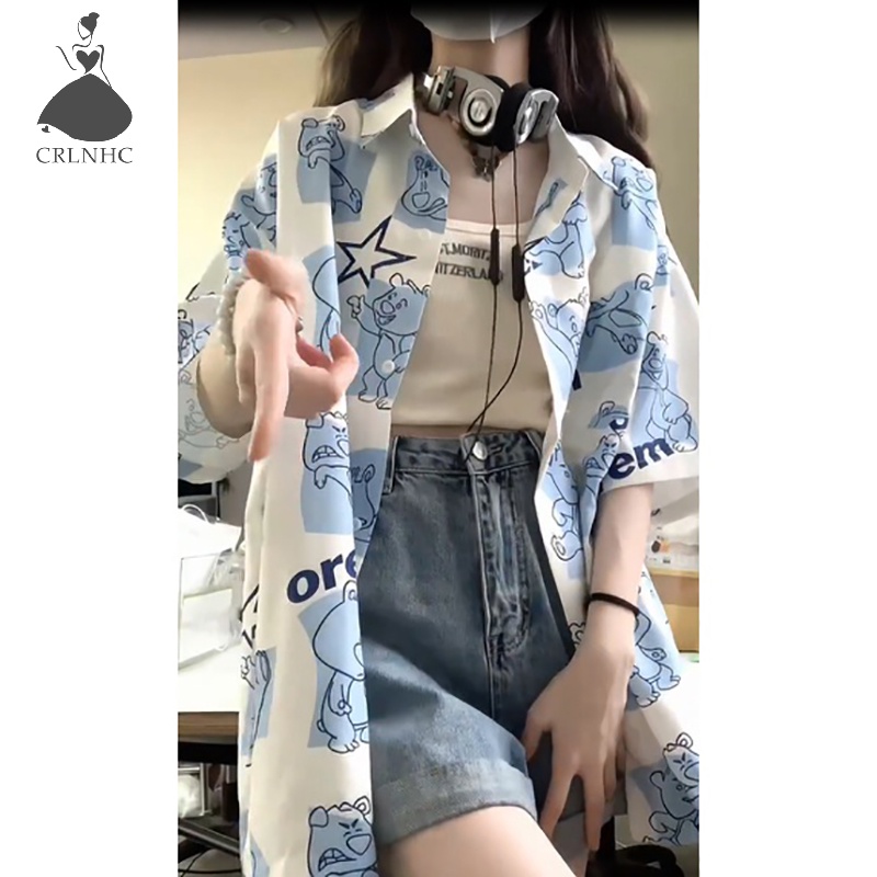 Áo Sơ Mi Tay Ngắn Dáng Rộng In Họa Tiết Gấu Hoạt Hình Phong Cách Nhật Bản Thời Trang Mùa Hè Cho Nữ vn