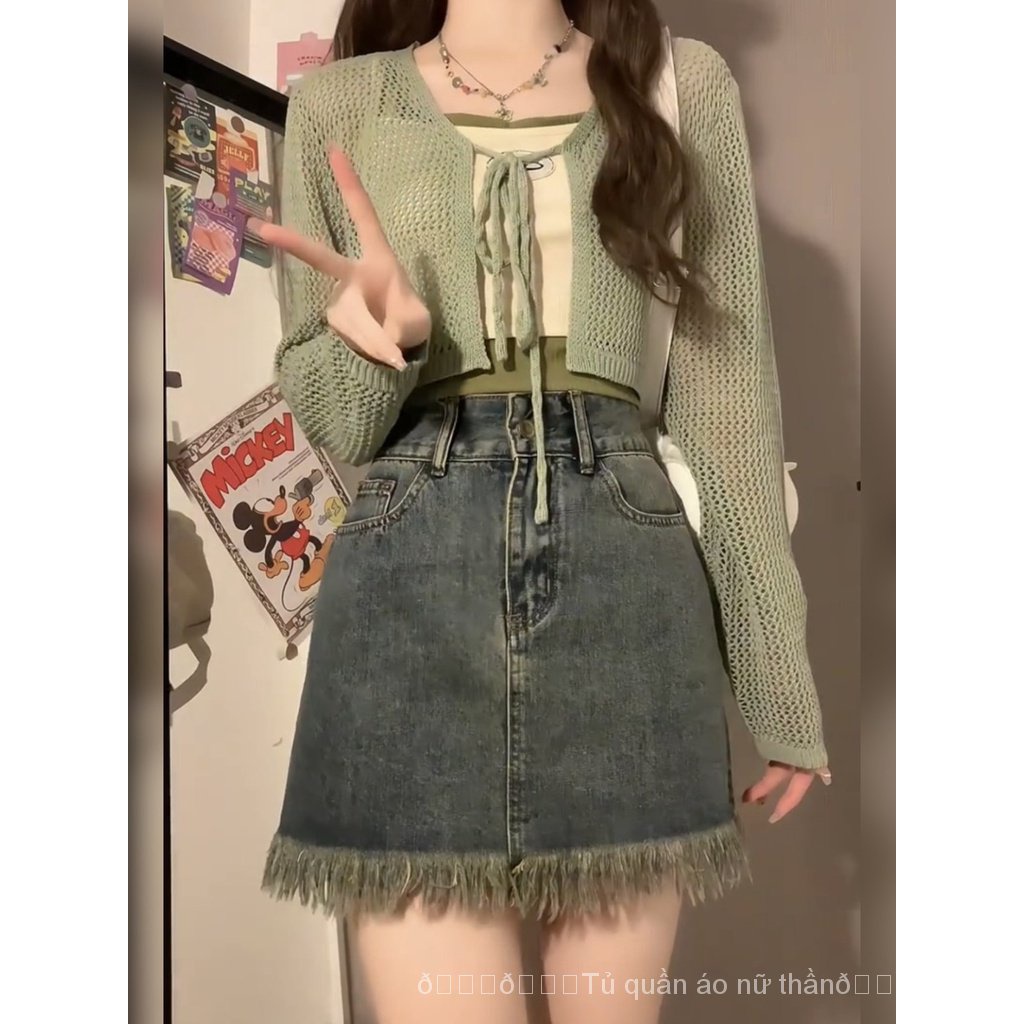 Set Áo Khoác cardigan Và Chân Váy denim Phong Cách Hàn Quốc 2023 Mới