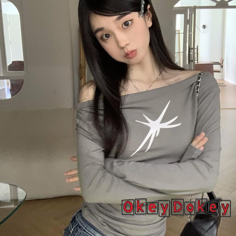 Áo Thun Tay Dài Hở Vai Dáng Ôm In Họa Tiết Thời Trang Dành Cho Nữ