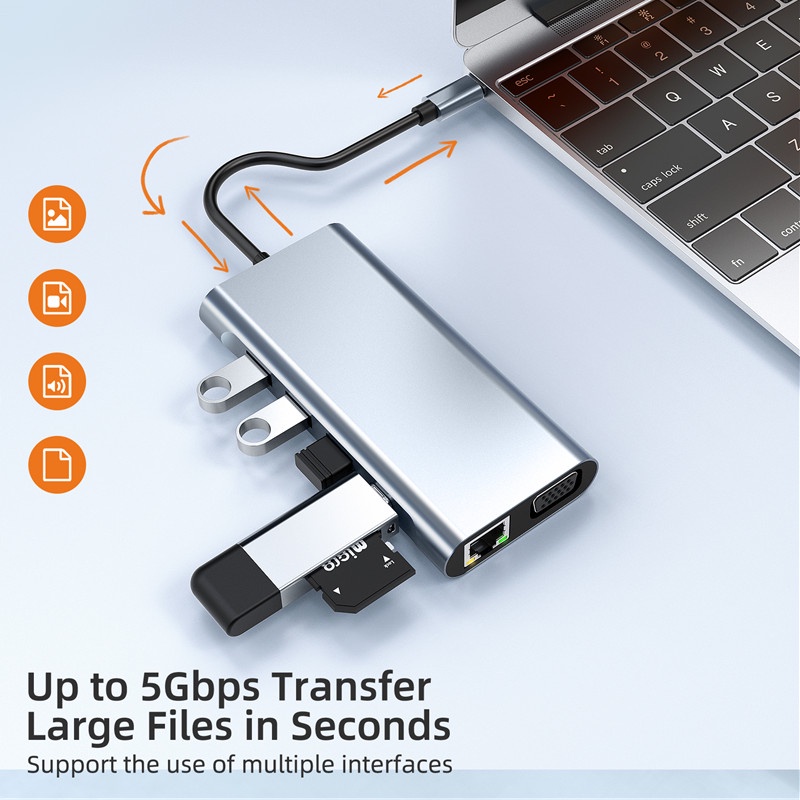 Đế Sạc hub type-c 10 Trong 1 Cổng usb 3.0 hdmi 4k vga rj45 sd tf pd Cho Laptop / Máy Tính Bảng / Điện Thoại Di Động