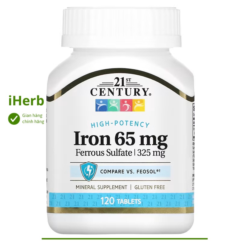 Viên uống bổ sung sắt Iron 65 mg 21st Century (120 viên) - iHerb Việt Nam