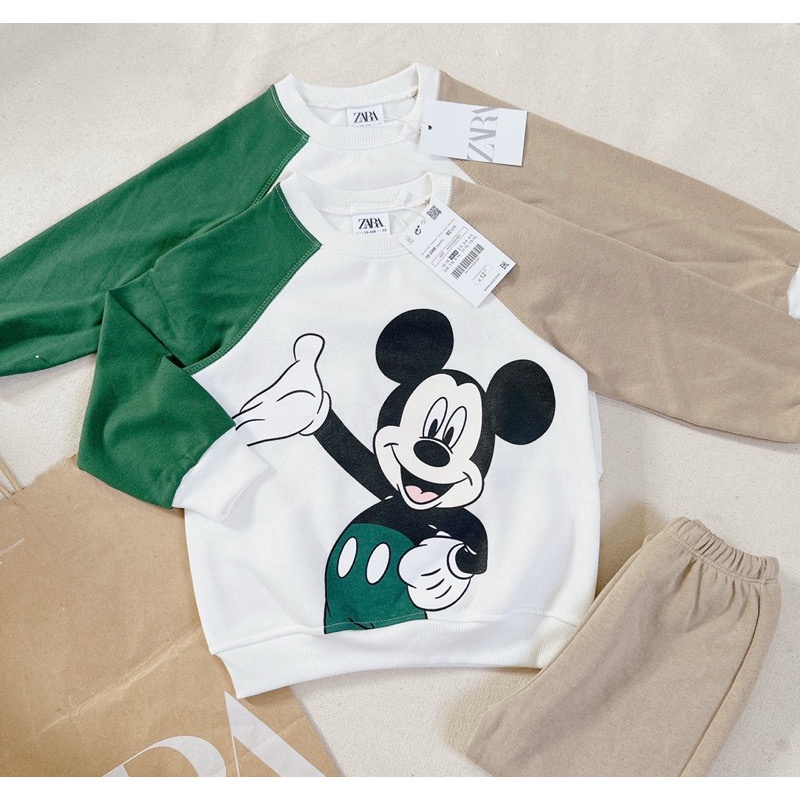 ✨MALINHKID✨N049- Bộ thun phối xanh nâu chuột cổ tròn trẻ em VNXK