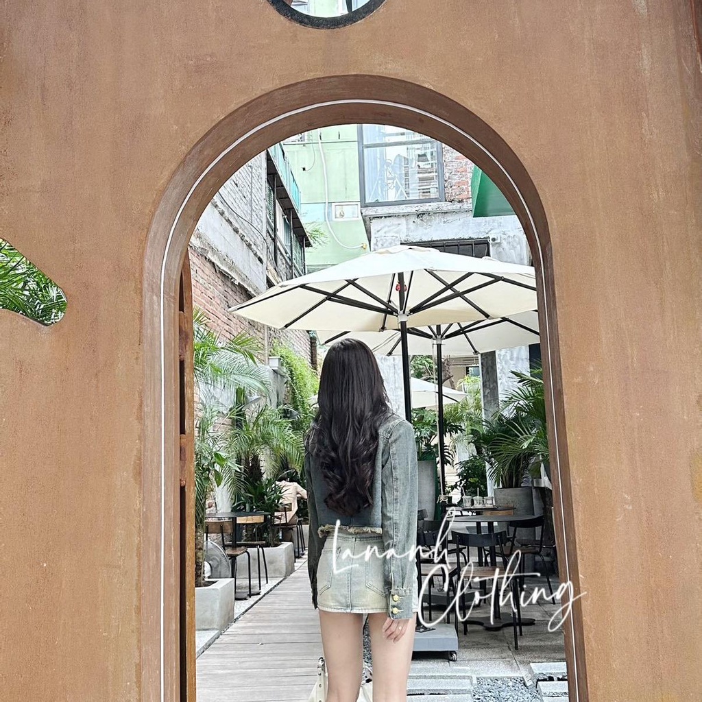 Áo khoác jean croptop QC phối rách màu xanh rêu - 77010 Ảnh thật shop chụp