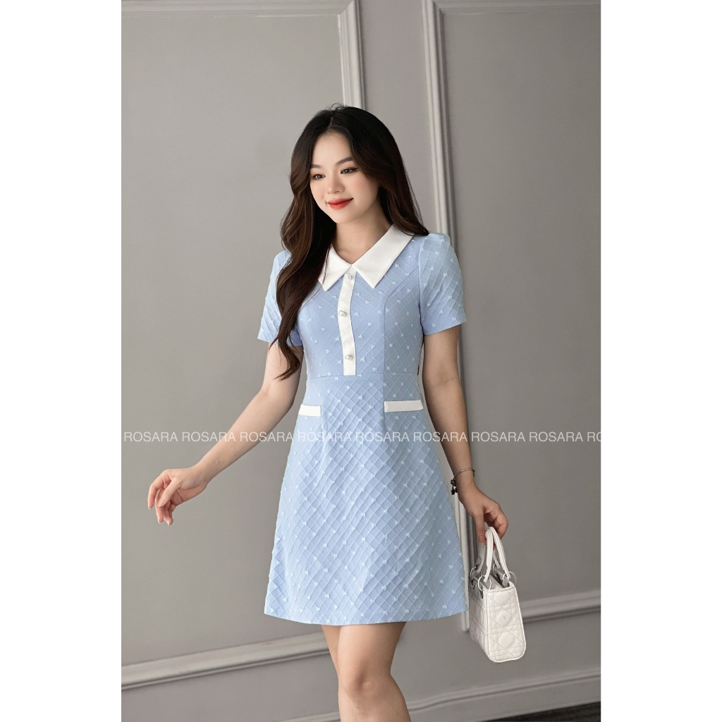 Váy Đầm Xanh Ngắn Tay Xòe Phối Cổ Trắng Thời Trang Rosara VA125