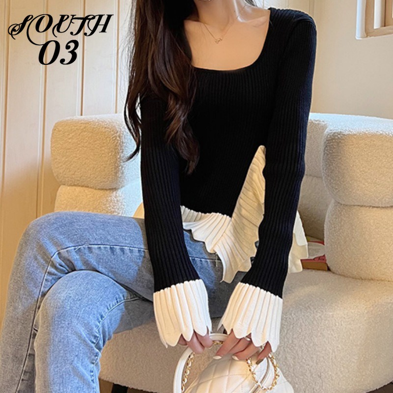 Áo sweater Dệt Kim Mỏng Tay Dài Cổ Vuông Thời Trang Thu Đông Phong Cách Pháp Mới Cho Nữ