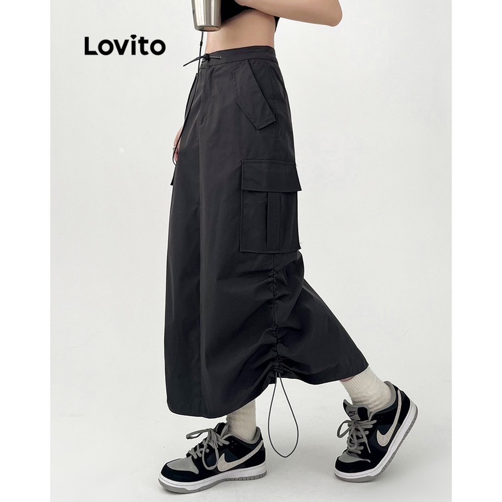 Chân váy Lovito có túi phối dây rút màu trơn thường ngày cho nữ LNA18047