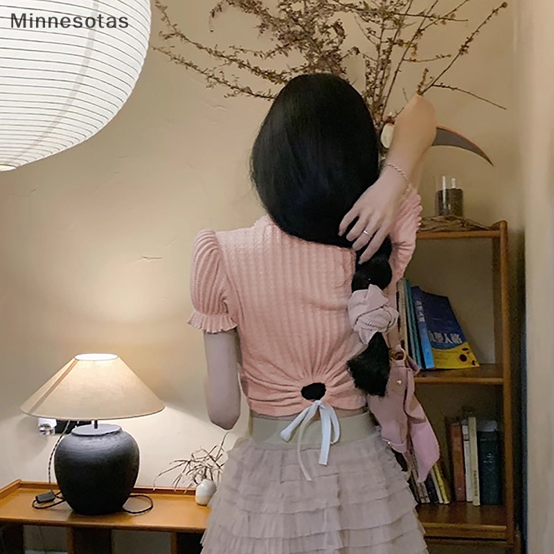 Áo Croptop Dệt Kim Tay Phồng Cổ Vuông Viền Ren Ngọt Ngào Thời Trang Mùa Hè Cho Nữ