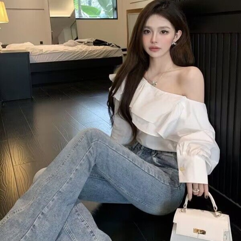 Áo Sơ Mi Tay Dài Dáng Rộng Hai Lớp Phối Bèo Thời Trang Cao Cấp Cho Nữ