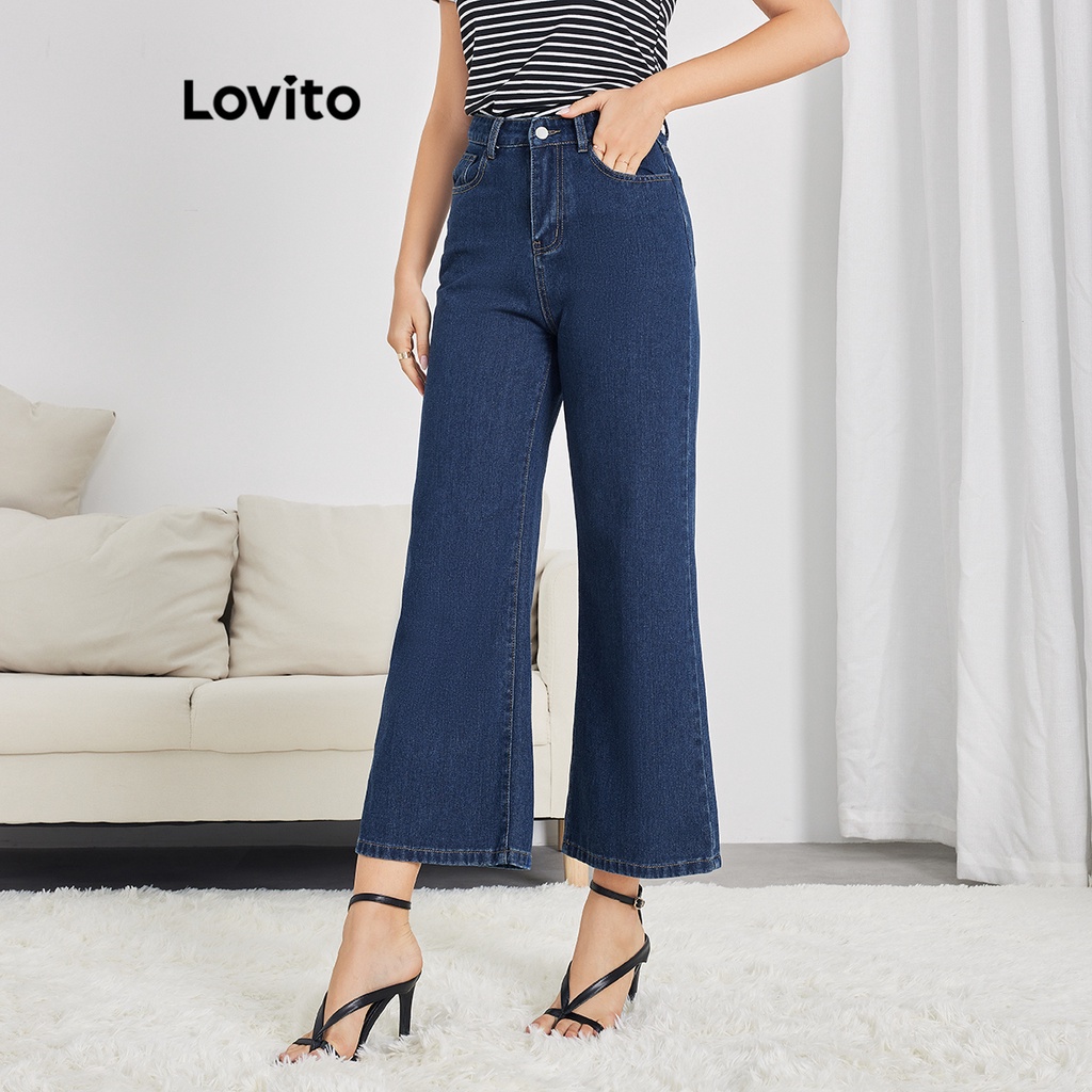 Quần jean Lovito có túi màu trơn thường ngày cho nữ LBE04026