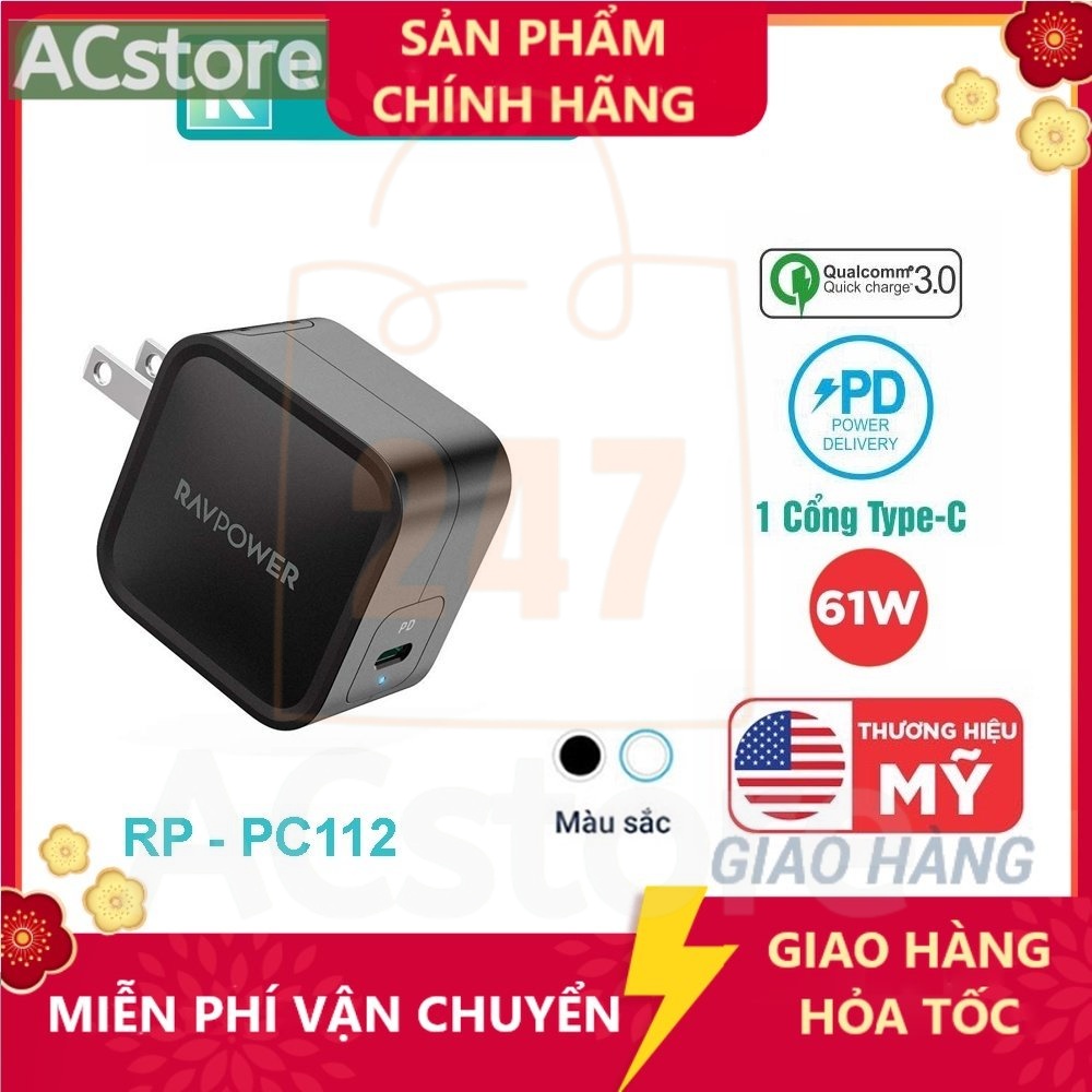 Củ Sạc Ravpower 61W 1 Cổng Type C  Mã RP- PC112  Sạc  Laptop  30W 65W Sạc nhanh  11 12 13 Pro max - ACSTORE