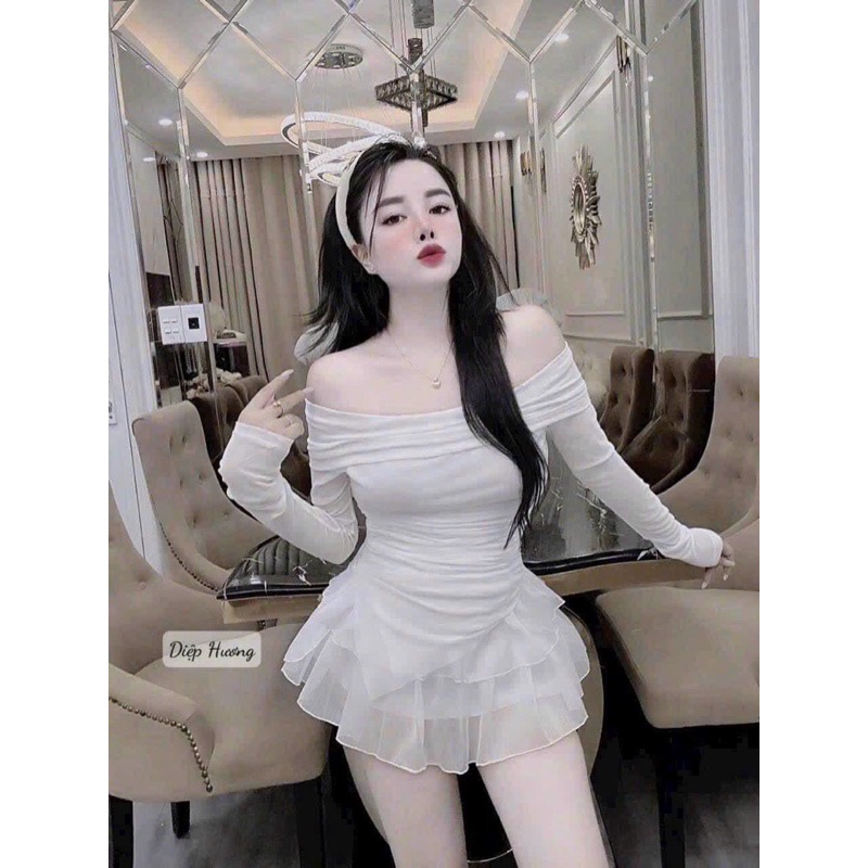 Set nữ áo bẹt vai chân váy tầng xoè dáng ngắn áo tay dài ôm alohashop91