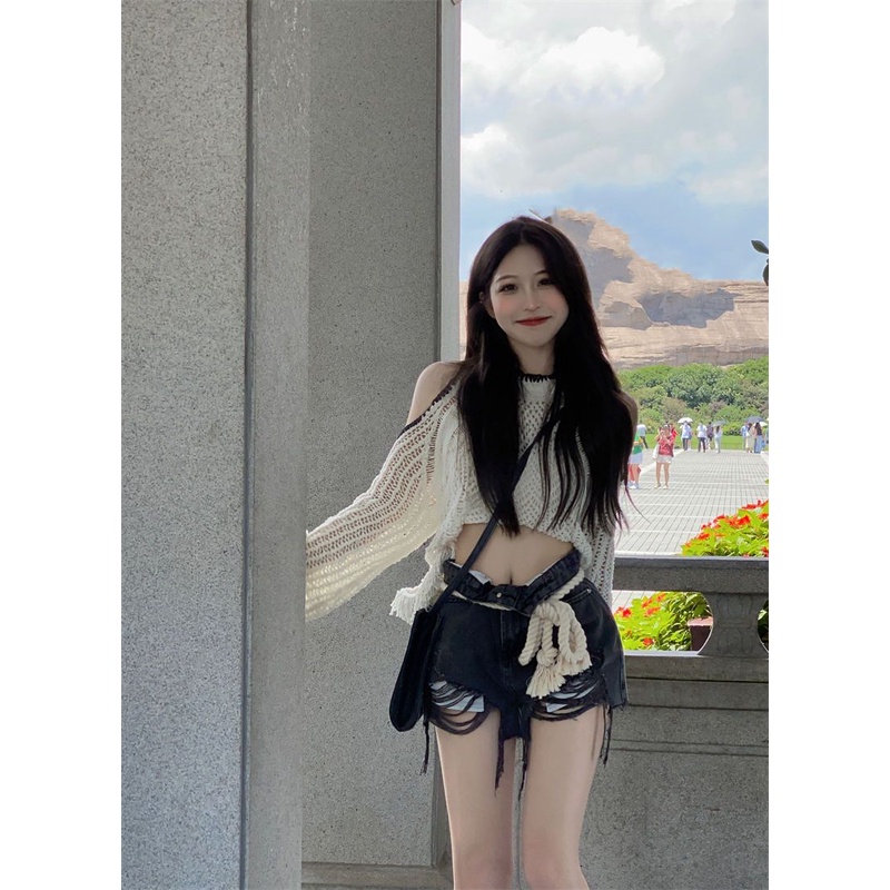 Áo Dệt Kim Trễ Vai Tay Dài Thời Trang Dành Cho Nữ