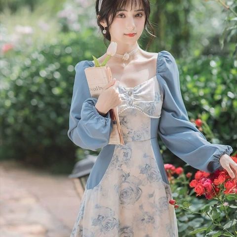 Đầm Thời Trang Pháp Thiết Kế Tinh Tế Cao Cấp Phong Cách retro Cá Tính Không Nhòe Màu Xanh Dương