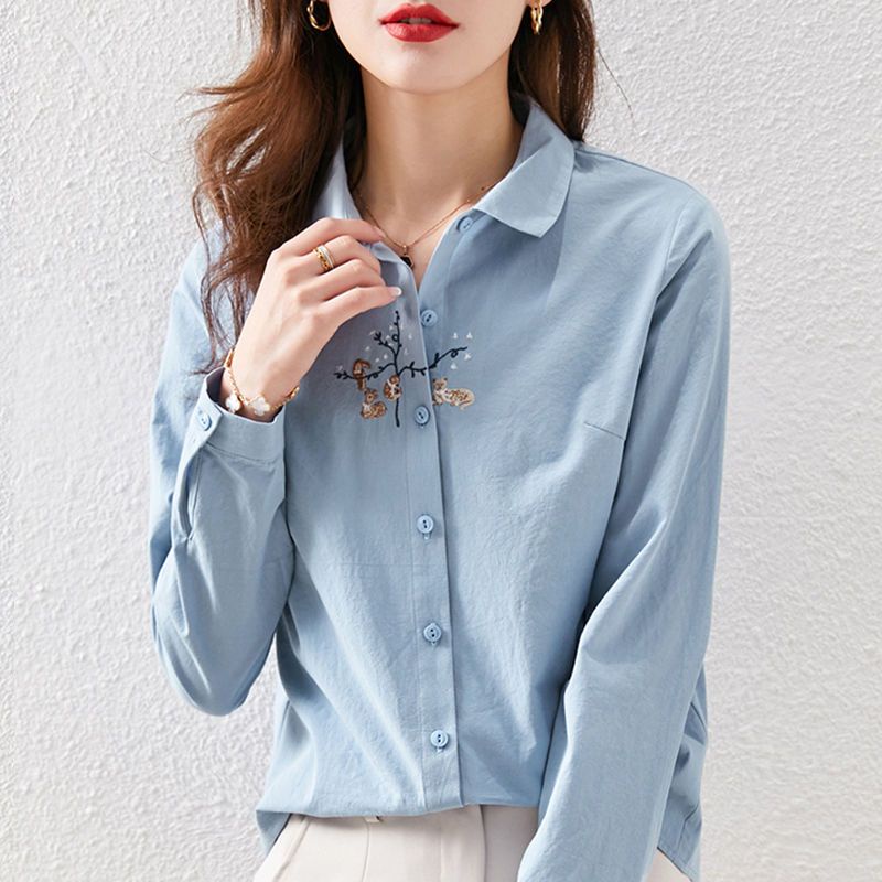 Áo Sơ Mi cotton Dài Tay Thêu Họa Tiết Thời Trang Xuân Thu Mới Cho Nữ