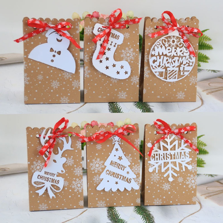 New 12pcs Christmas Gift Bag Kraft Paper Bags Sweet Candy Cookie Packaging Box