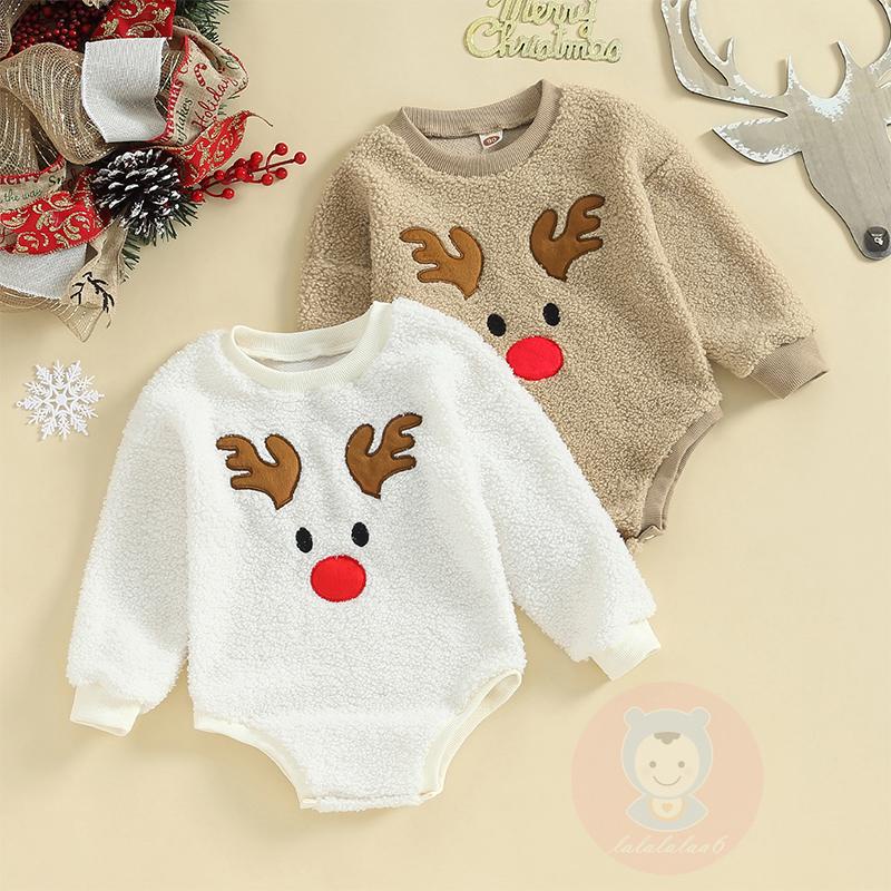 Áo Liền Quần Tay Dài Cổ Tròn Thêu Hình Tuần Lộc laa6-baby fleece