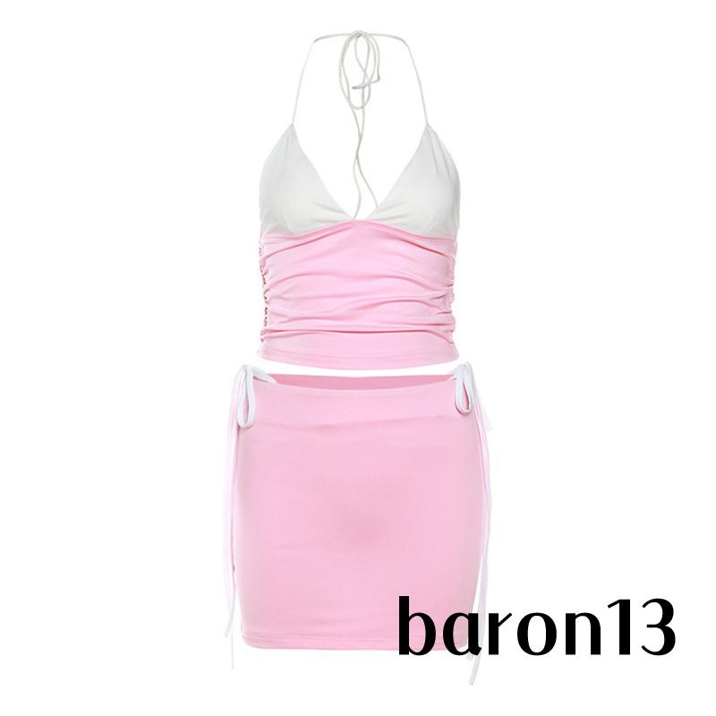 Xo8k-đầm 2 Món Áo Không Tay Cổ Buộc Dây Phối Chân Váy mini Eo Thấp Màu Tương Phản Thời Trang Mùa Hè Cho Nữ
