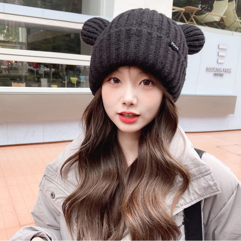 Dễ Thương Mũ Len Dệt Kim Rộng Vành Hình Tai Gấu Xinh Xắn Phong Cách Hàn Quốc