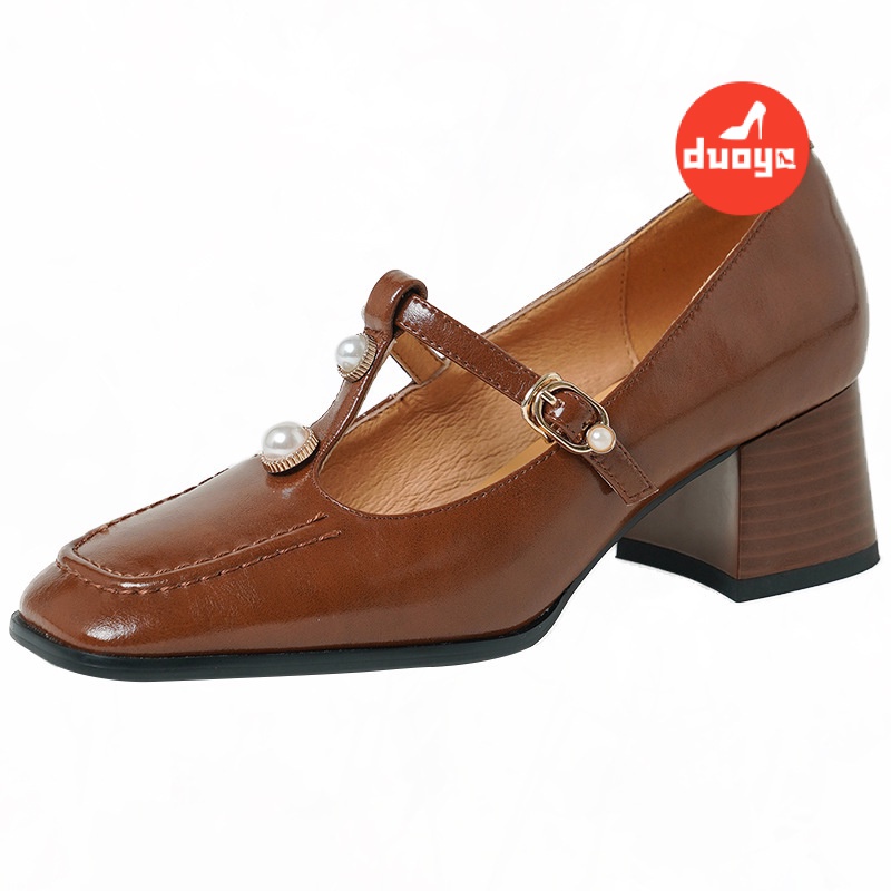Nhà máy duoya tóc thẳng ~  gió buổi tối nhẹ nhàng giày đơn miệng nông mũi vuông gót dày giày nữ phong cách hepburn mary jane giày da nhỏ miễn phí vận chuyển