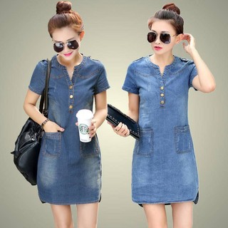 Đầm denim Tay Ngắn Dáng Chữ a Phong Cách Hàn Quốc Cho Nữ