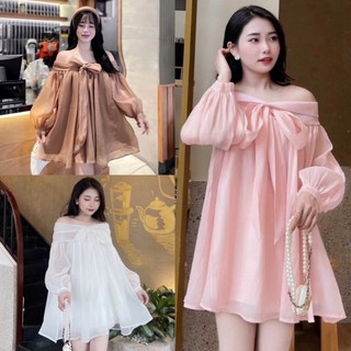 Váy babydoll trễ vai dài tay bồng công chúa đính nơ nâu hồng trắng, Đầm nữ xòe đi chơi dự tiệc hottrend 2023 ulzzang,EYE