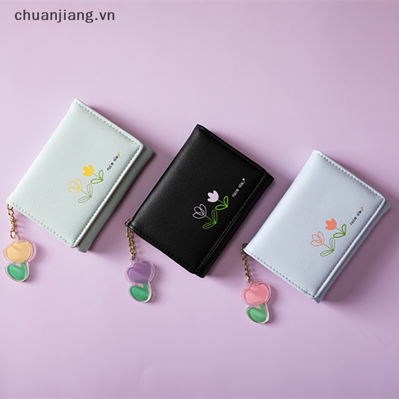 Ví Da pu Ngắn Gập Đôi Cầm Tay mini In Họa Tiết Hoa tulip kd Cho Nữ