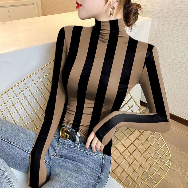 Áo Thun Tay Dài Cổ Lọ Ôm Dáng Họa Tiết Kẻ Sọc Màu match Thanh Lịch Phong Cách Hàn Quốc Thời Trang Cho Nữ