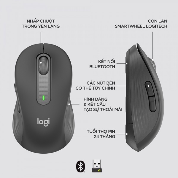 Chuột không dây Logitech Signature M650, Cuộn SmartWheel, giảm ồn, các nút trợ năng, dành cho chuyên văn phòng