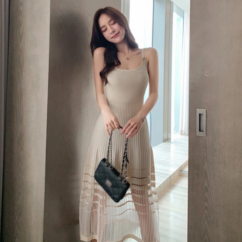 Đầm Dệt Kim Sát Nách Phối Lưới Thời Trang Mùa Hè Cho Nữ