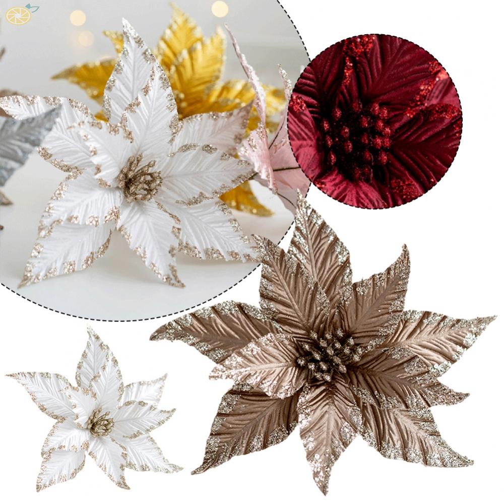 Christmas Flower Decor Glitter Plastic Poinsettia Christmas Tree Decoration