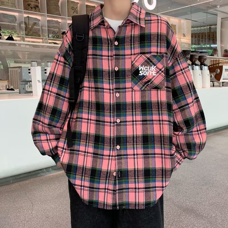 Áo Sơ Mi Caro Form Rộng Thời Trang Cho Nam Áo Sơ Mi Kẻ Sọc Nam Áo Sơ Mi Nam Dài Tay Áo Phối Túi Ngực Thời Trang Phong Cách Cặp Đôi