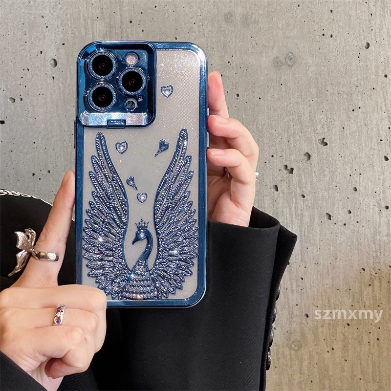 Sang Trọng Ốp Điện Thoại Dẻo Trong Suốt Mạ Điện Lấp Lánh Kèm Giá Đỡ Hình Chim Công Cho iphone 15 14 11 13 12 pro max