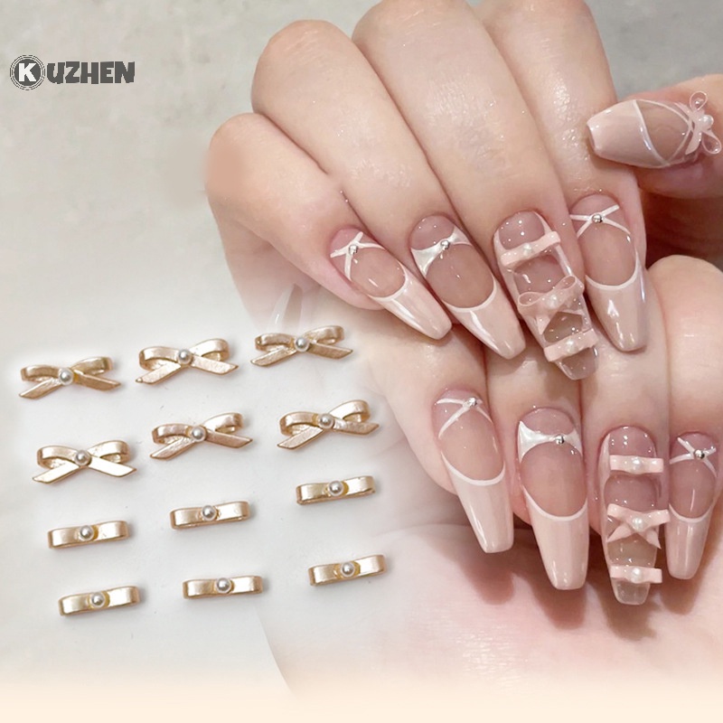 Kuzhen Set 10 Phụ Kiện Trang Trí Móng Tay Nghệ Thuật Bằng Hợp Kim Hình Nơ Thắt Nơ Màu Hồng Đen Trắng Đính Đá diy