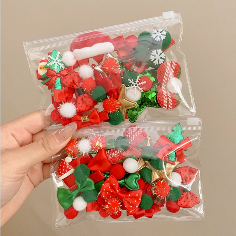 Set 10 Kẹp Tóc Đính Kim Sa Màu Đỏ / Xanh Lá / Đỏ Phong Cách Giáng Sinh Cho Bé Gái