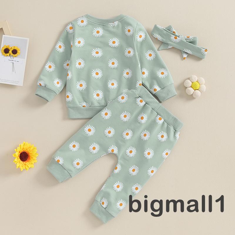 Topmall set Áo Thun Tay Dài & Quần Dài In Hoa Cúc & Băng Đô Quấn Đầu Cho Bé Gái Từ 6 Tháng - 3 Tuổi