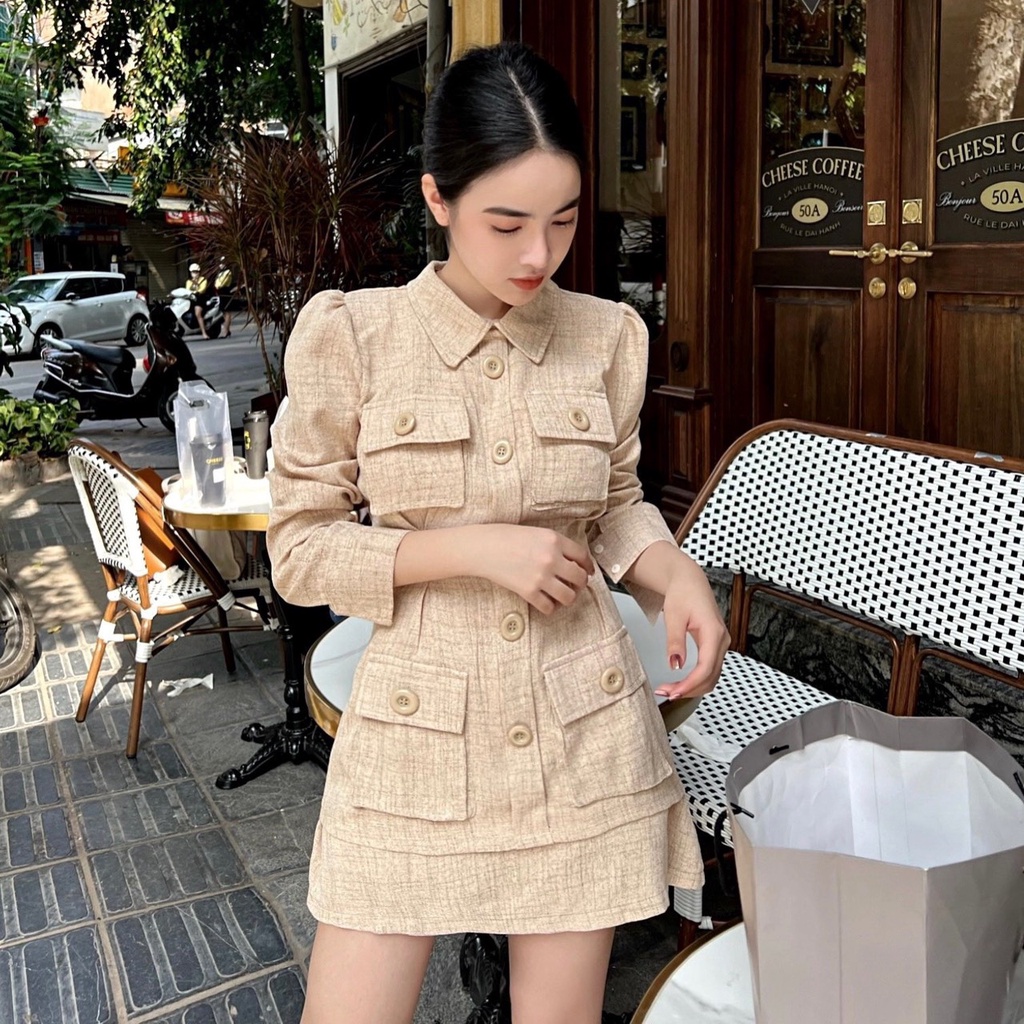 Sét tiểu thư sơ mi tay dài phối túi hộp sang chảnh kèm chân váy