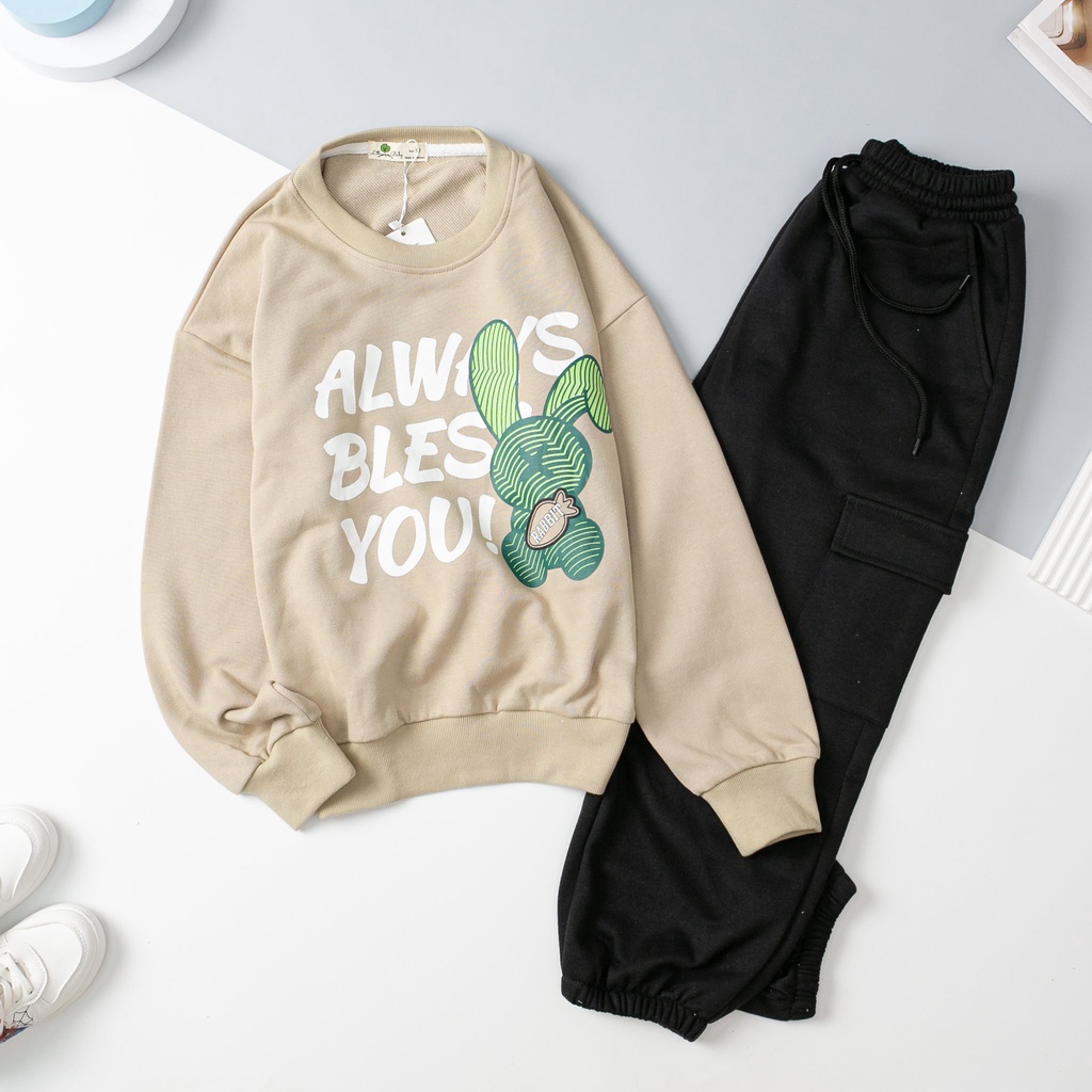 Bộ nỉ thu đông LITIBABY in thỏ quần túi hộp cho bạn 28kg - 55kg