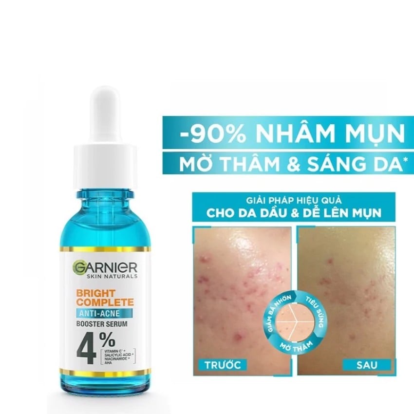 Tinh Chất Serum Garnier 30ml Bright Complete Anti-Acnes Booster Serum Giảm Mụn Mờ Thâm Cho Da Dầu, Mụn 30ml