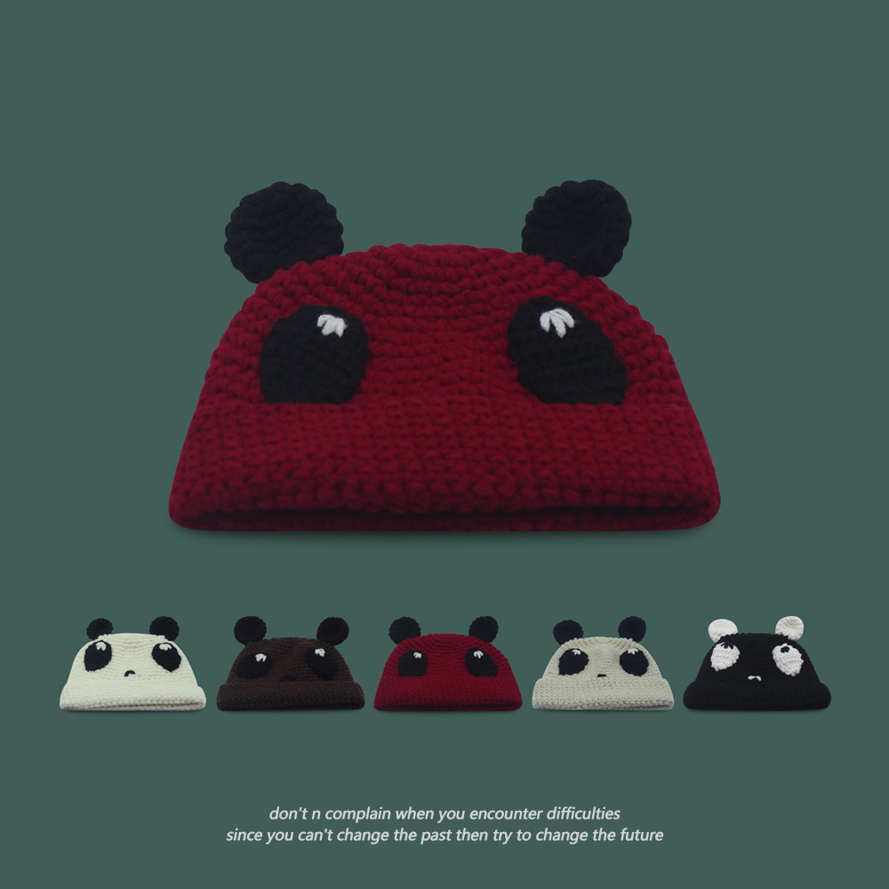 Dễ Thương Mũ Len Dệt Kim Đính Tai Gấu Trúc Phối Màu Tương Phản Xinh Xắn Cho Nữ